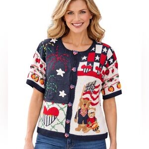 Vintage Eagles Eye 4th of July Short Sleeve Button Front Sweater Cardigan size L